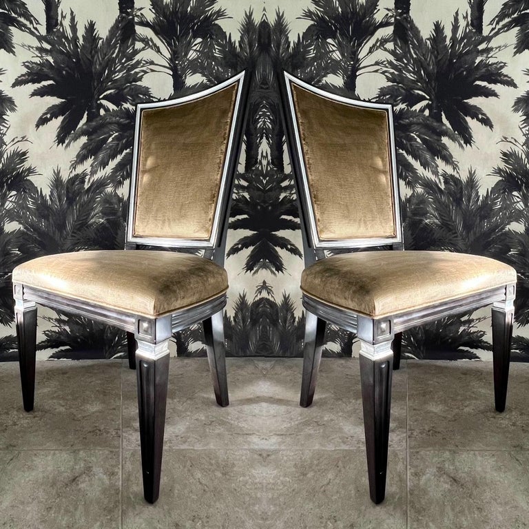 American Pair of Neoclassical High Back Chairs in Crushed Velvet and Ebony, c. 1940's For Sale
