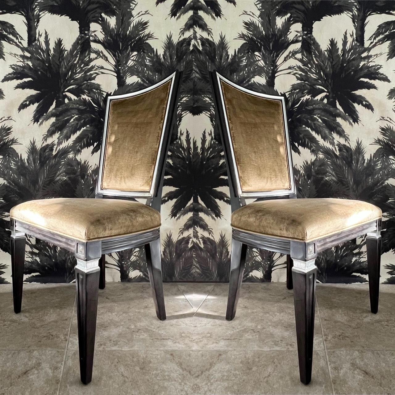 Hand-Carved Pair of Neoclassical High Back Chairs in Crushed Velvet and Ebony, c. 1940's