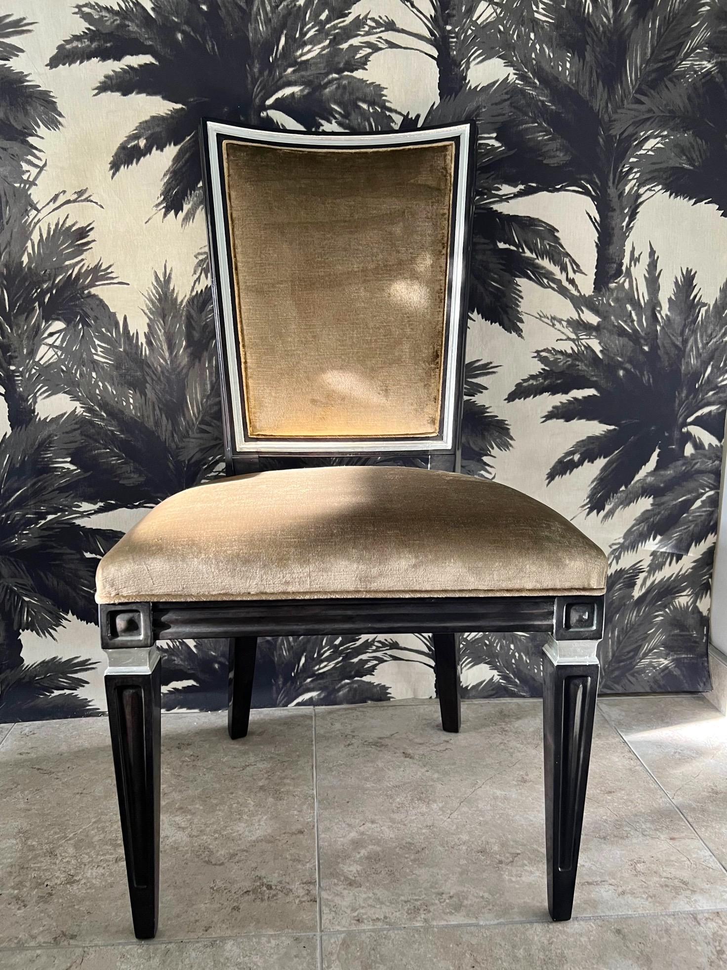 Pair of Neoclassical High Back Chairs in Crushed Velvet and Ebony, c. 1940's In Good Condition In Fort Lauderdale, FL