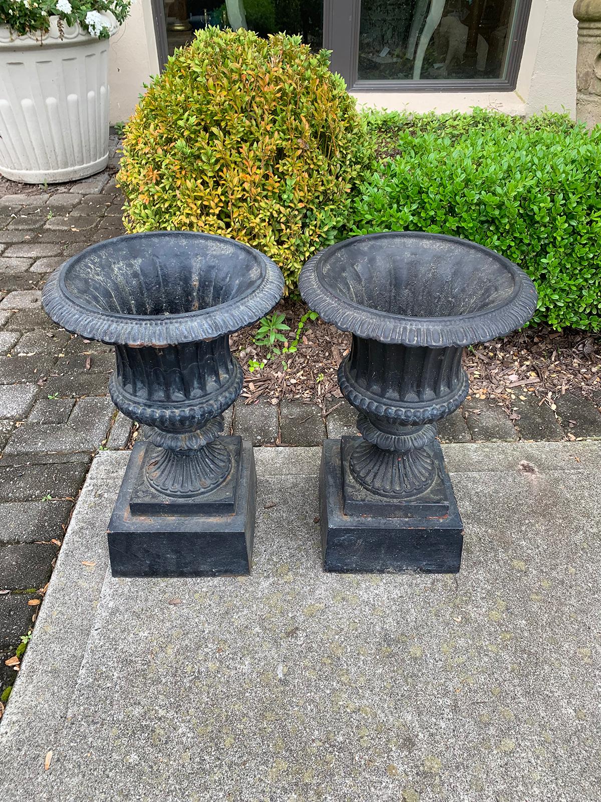 Pair of Neoclassical Iron Urns with Stands, circa 1900 6