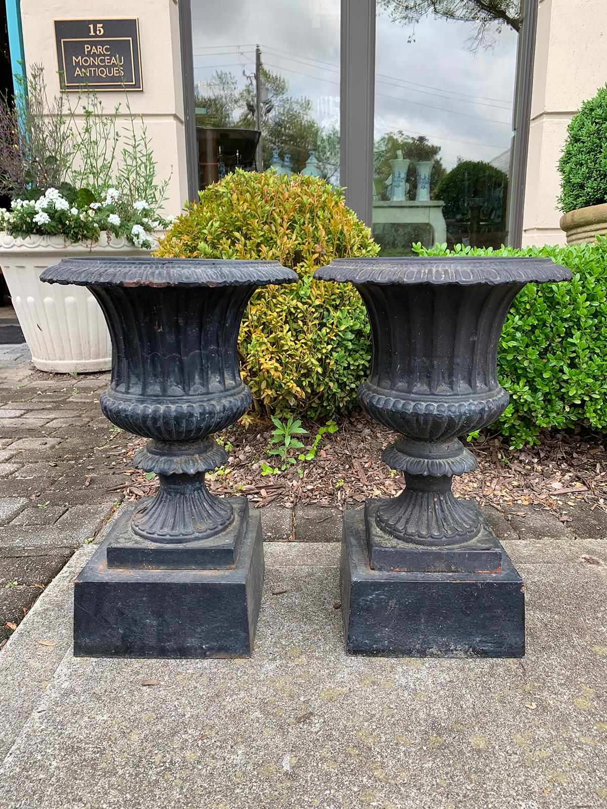 Pair of neoclassical iron urns with stands, circa 1900
garden planters.