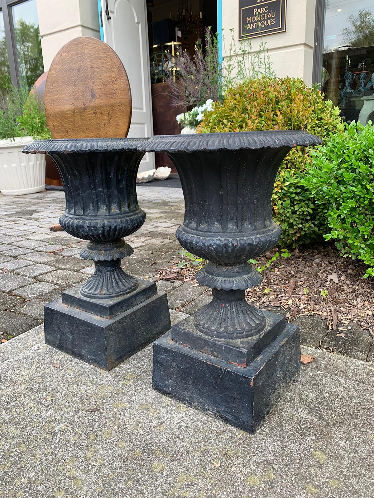 Pair of Neoclassical Iron Urns with Stands, circa 1900 1