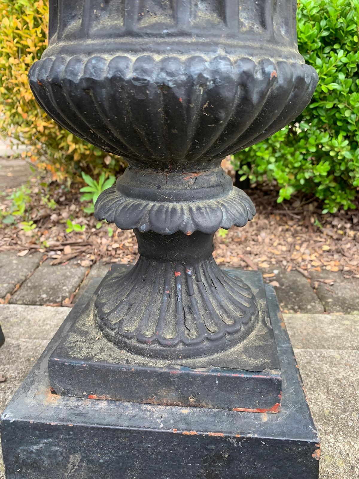 Pair of Neoclassical Iron Urns with Stands, circa 1900 3