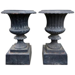 Pair of Neoclassical Iron Urns with Stands, circa 1900