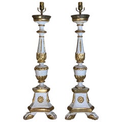 Antique Pair of Neoclassical Italian Carved Gold Giltwood Candlestick Table Lamps