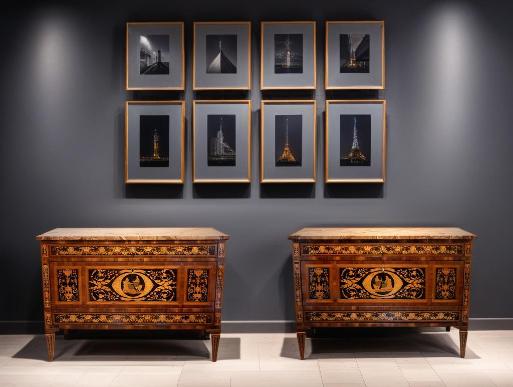 Paar neoklassizistische italienische Kommoden mit Intarsien aus Holz, XVIII. Jahrhundert (18. Jahrhundert) im Angebot