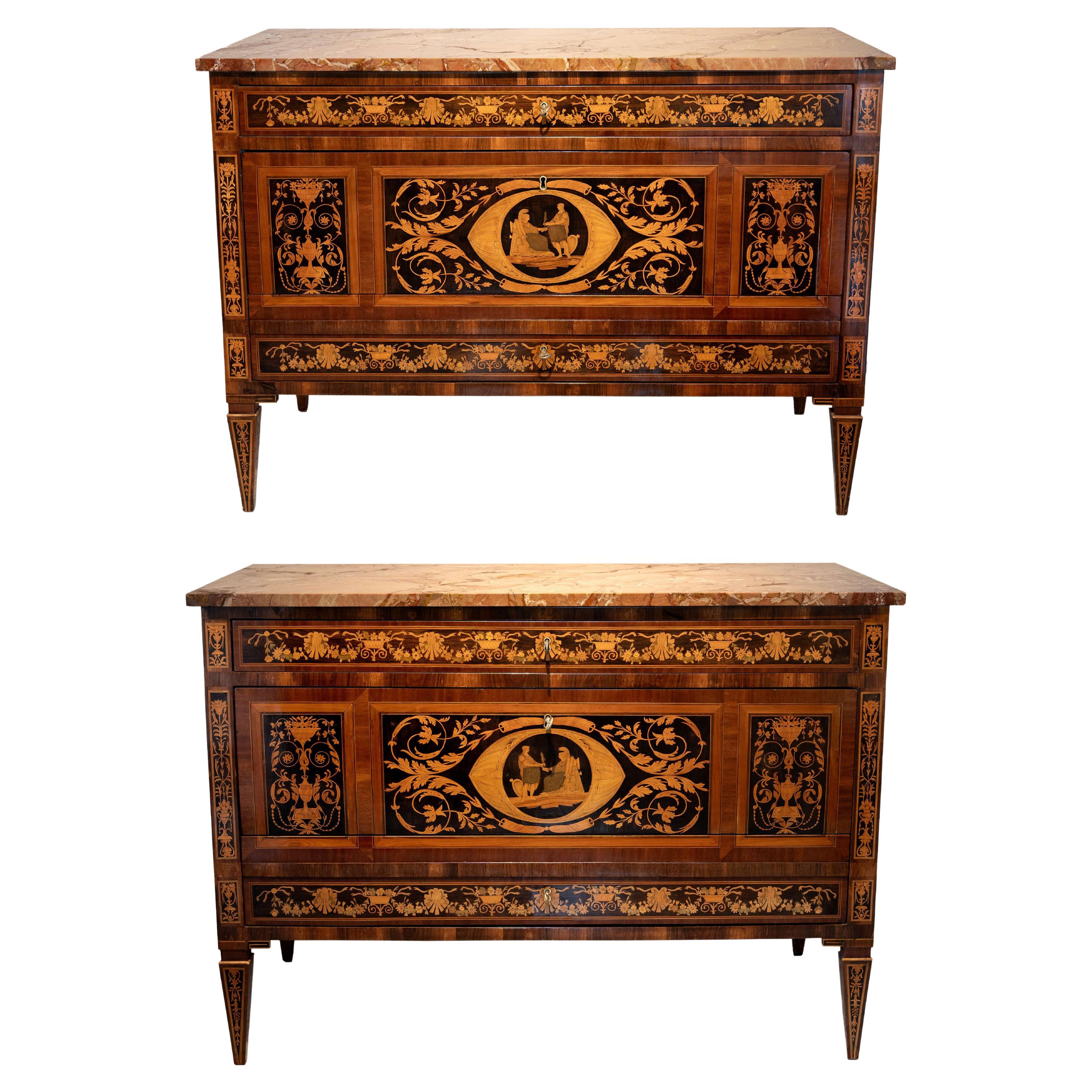 Pair of neoclassical Italian chests of drawers in inlaid wood, XVIII century For Sale