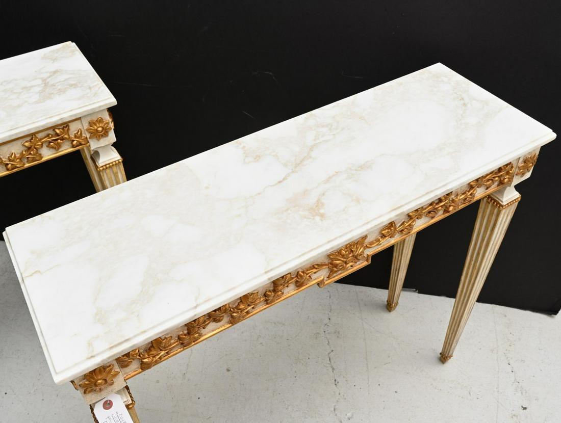 Pair of Neoclassical Italian Gilt and Marble Console Tables In Distressed Condition In Beverly Hills, CA