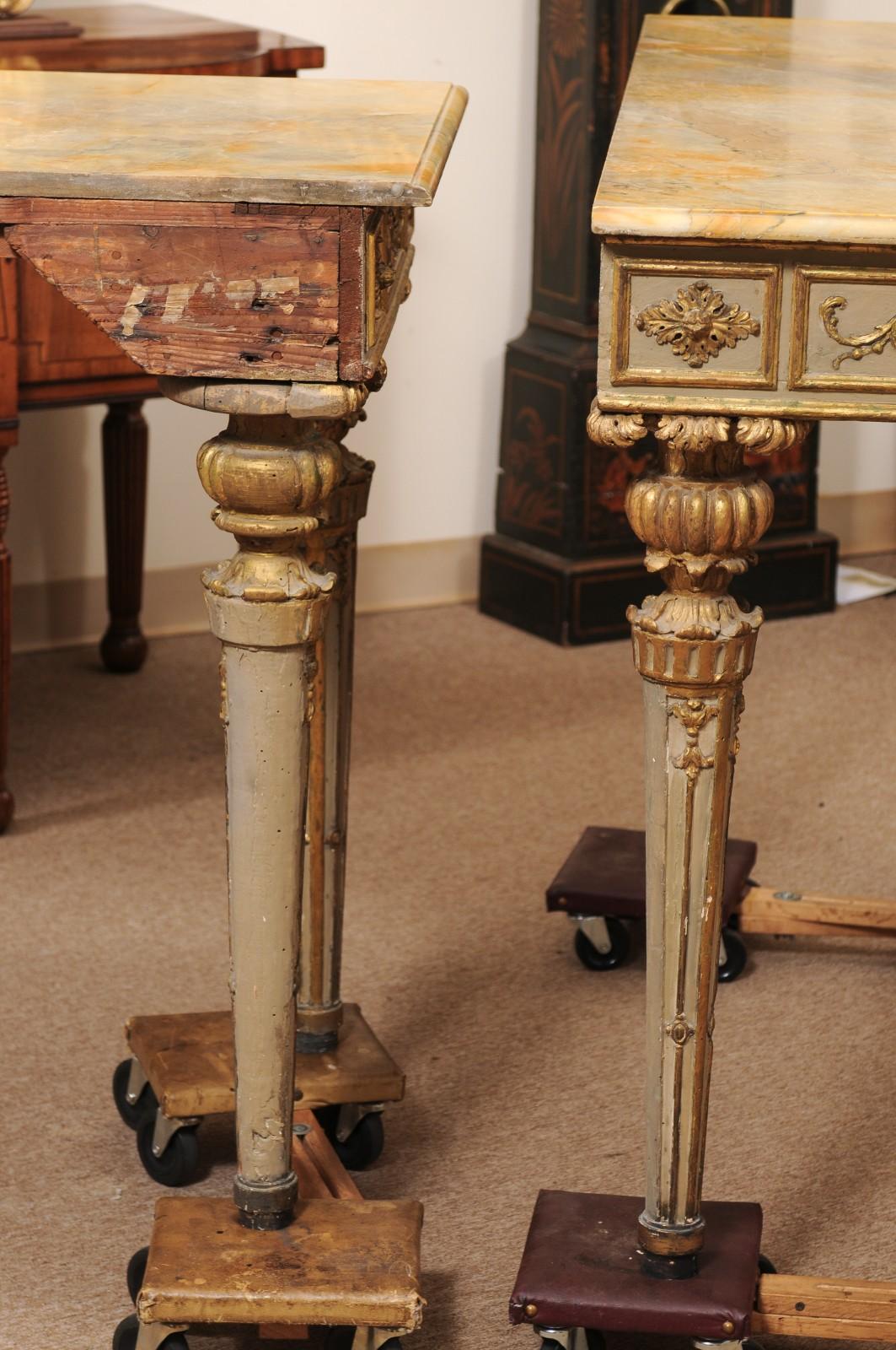 Pair of Neoclassical Italian Painted & Parcel Gilt Console Table For Sale 6
