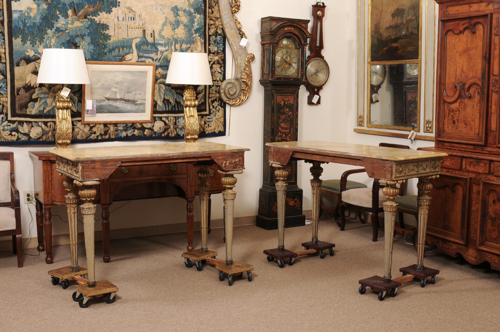 Pair of Neoclassical Italian Painted & Parcel Gilt Console Table For Sale 7