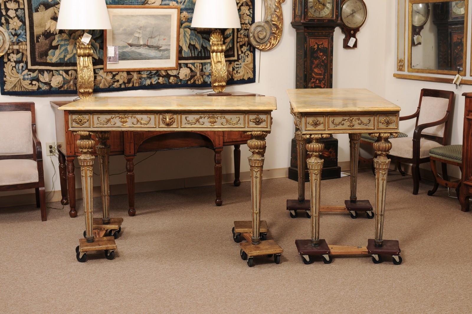 Pair of Neoclassical Italian Painted & Parcel Gilt Console Table For Sale 9