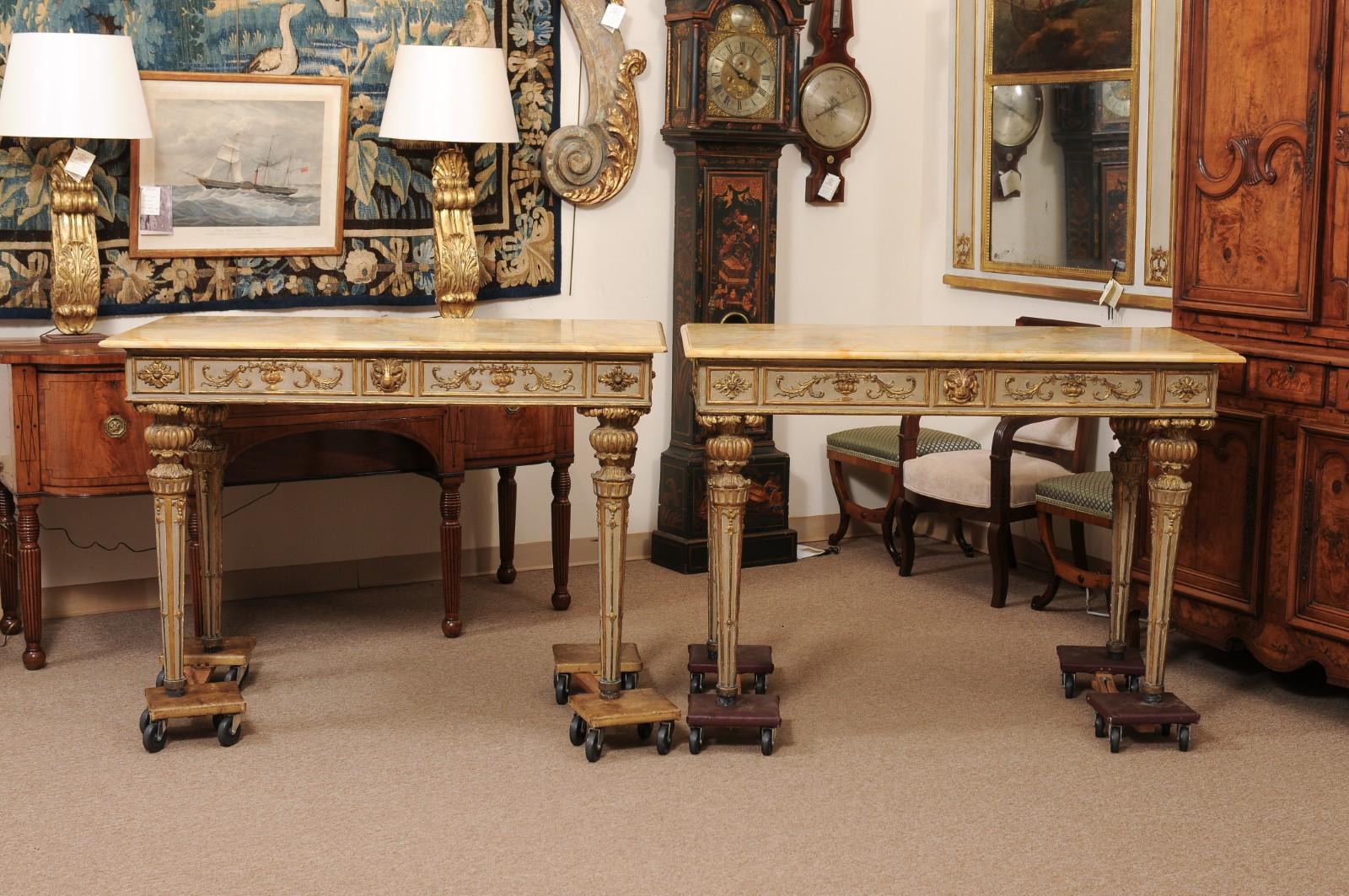 Pair of Neoclassical Italian Painted & Parcel Gilt Console Table For Sale 10