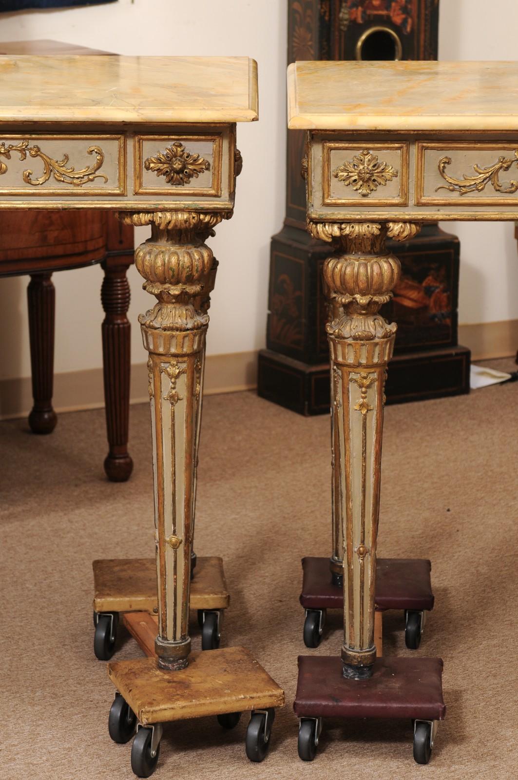 Pair of Neoclassical Italian Painted & Parcel Gilt Console Table For Sale 11