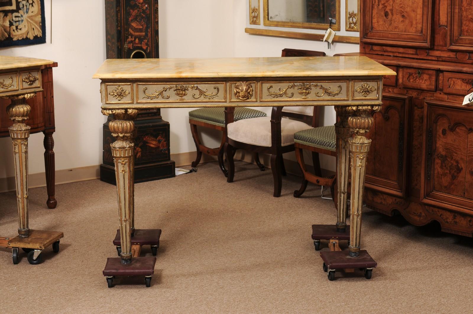 19th Century Pair of Neoclassical Italian Painted & Parcel Gilt Console Table For Sale