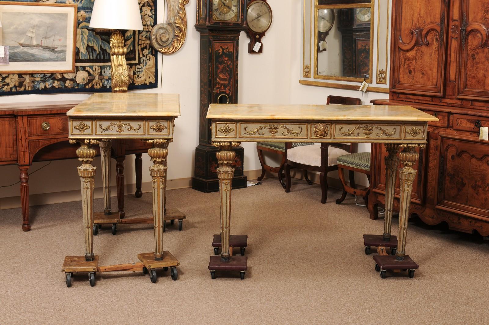 Wood Pair of Neoclassical Italian Painted & Parcel Gilt Console Table For Sale