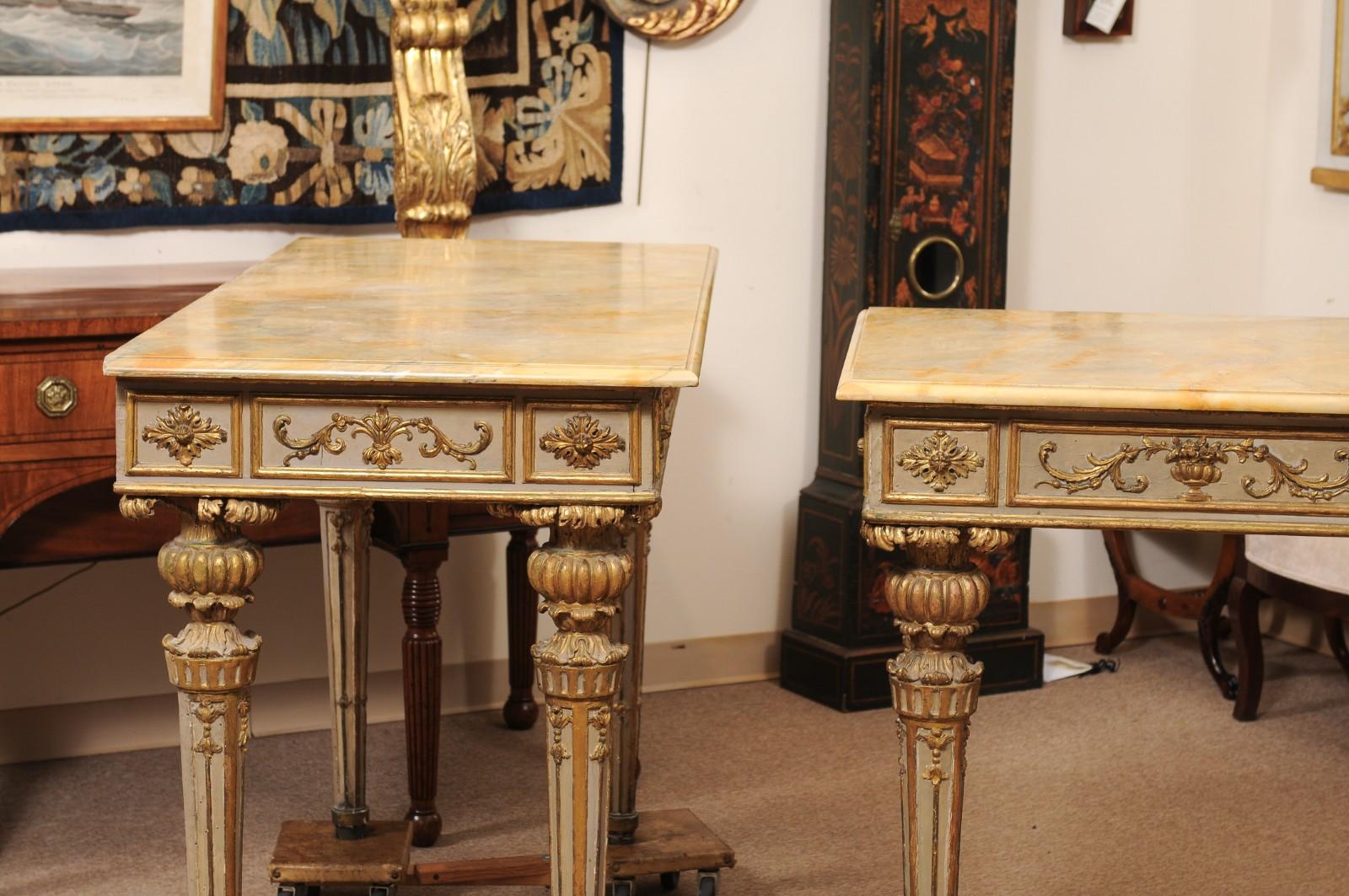 Pair of Neoclassical Italian Painted & Parcel Gilt Console Table For Sale 1
