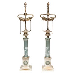 Pair of Neoclassical Jasperware Porcelain and Silver Gilt Metal Table Lamps
