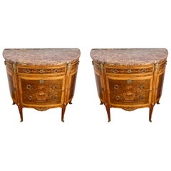 Pair of Neoclassical Kingwood Demi-Lune Commodes