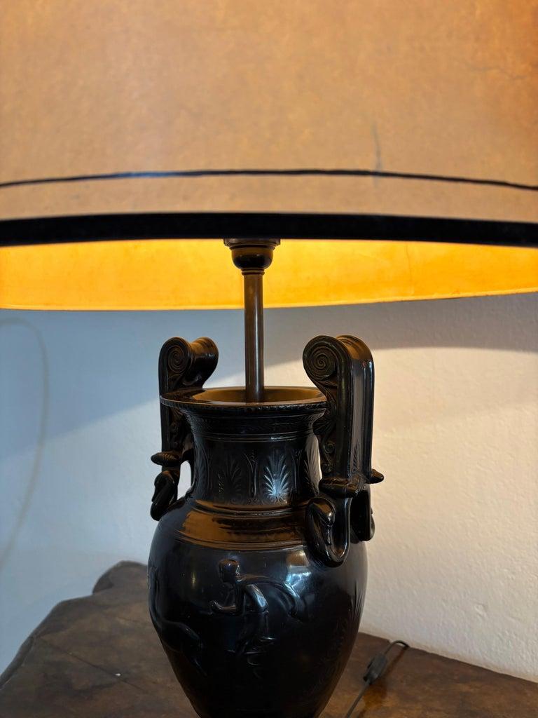 Pair of Neoclassical Lamps Antique Vase Decor, Black Resin, Circa 1970, France For Sale 4
