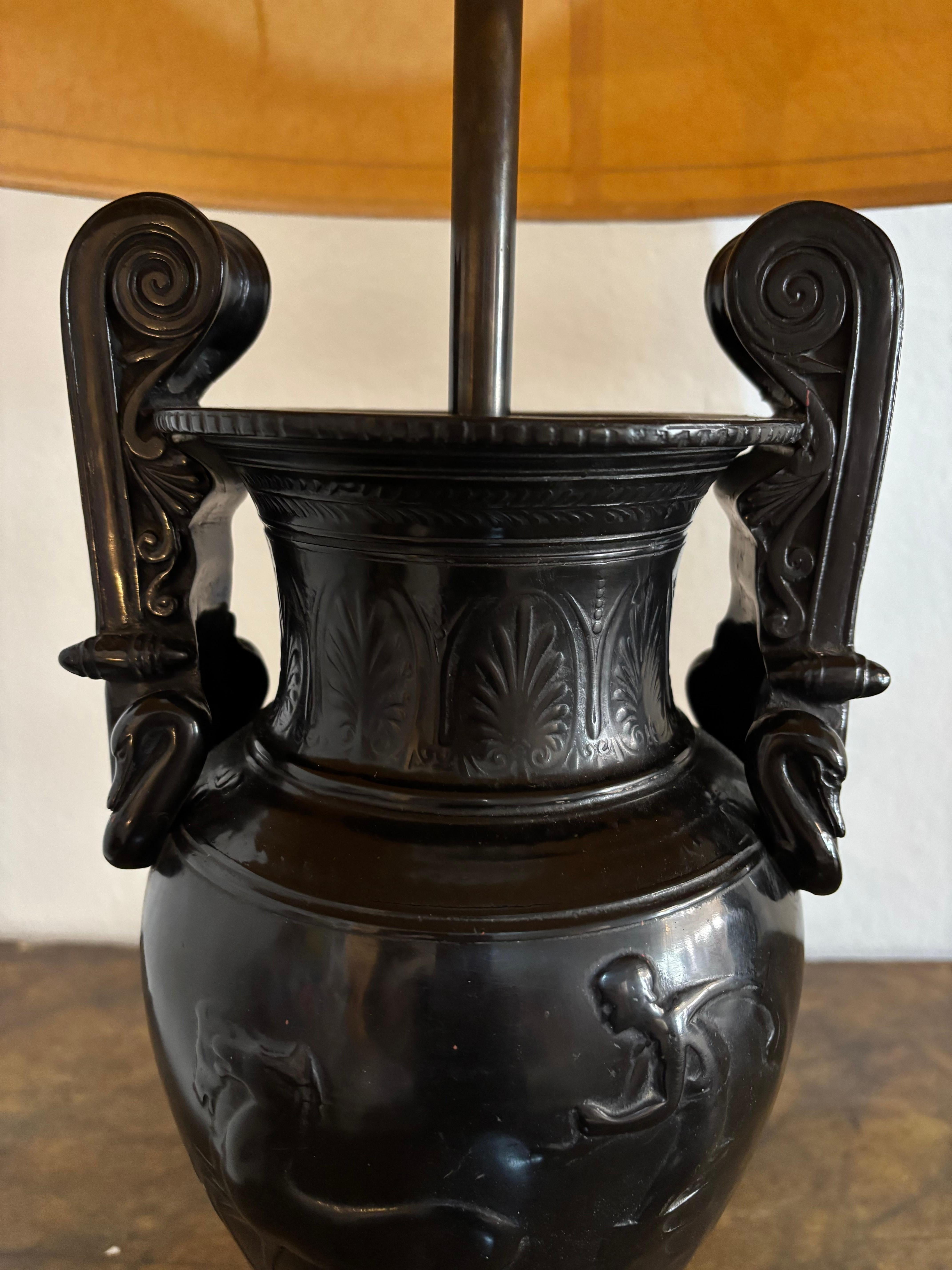 Modern Pair of Neoclassical Lamps Antique Vase Decor, Black Resin, Circa 1970, France For Sale