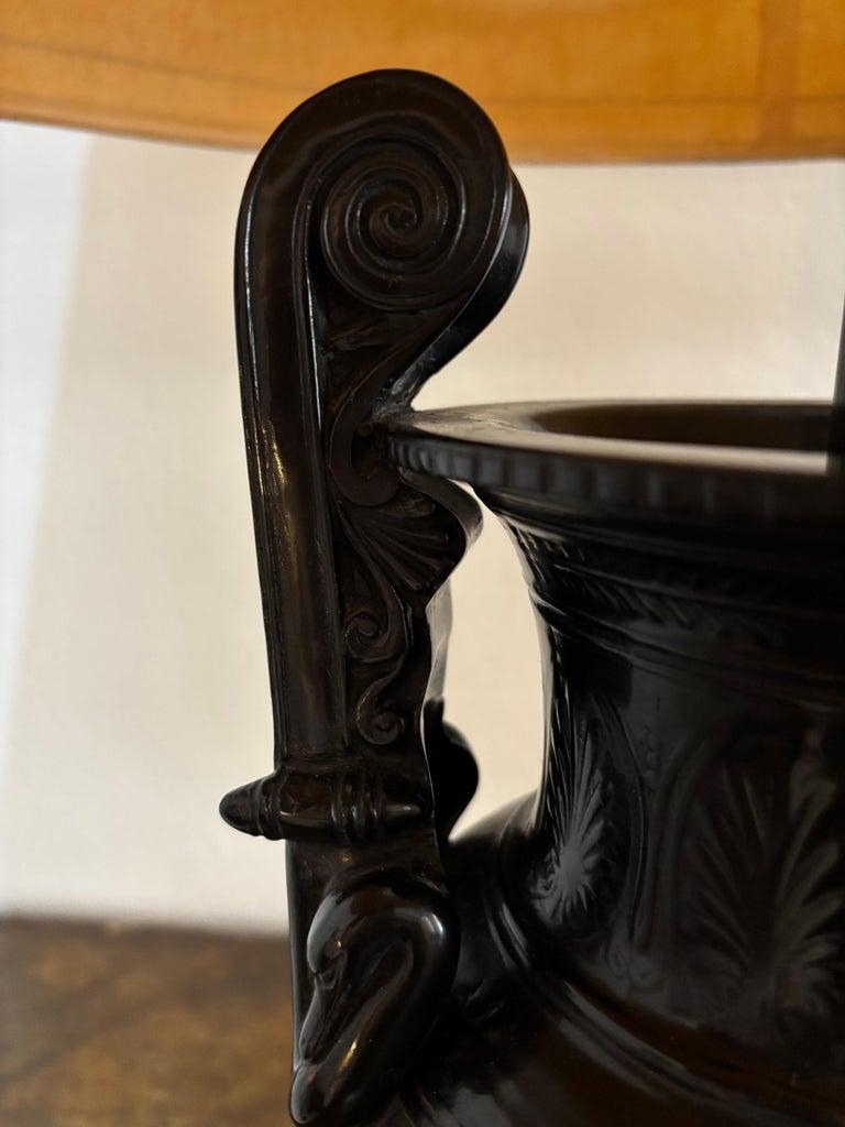 Lacquered Pair of Neoclassical Lamps Antique Vase Decor, Black Resin, Circa 1970, France For Sale