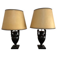 Pair of Neoclassical Lamps Antique Vase Decor, Black Resin, Circa 1970, France