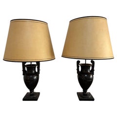 Pair of Neoclassical Lamps Antique Vase Decor, Black Resin, Circa 1970, France