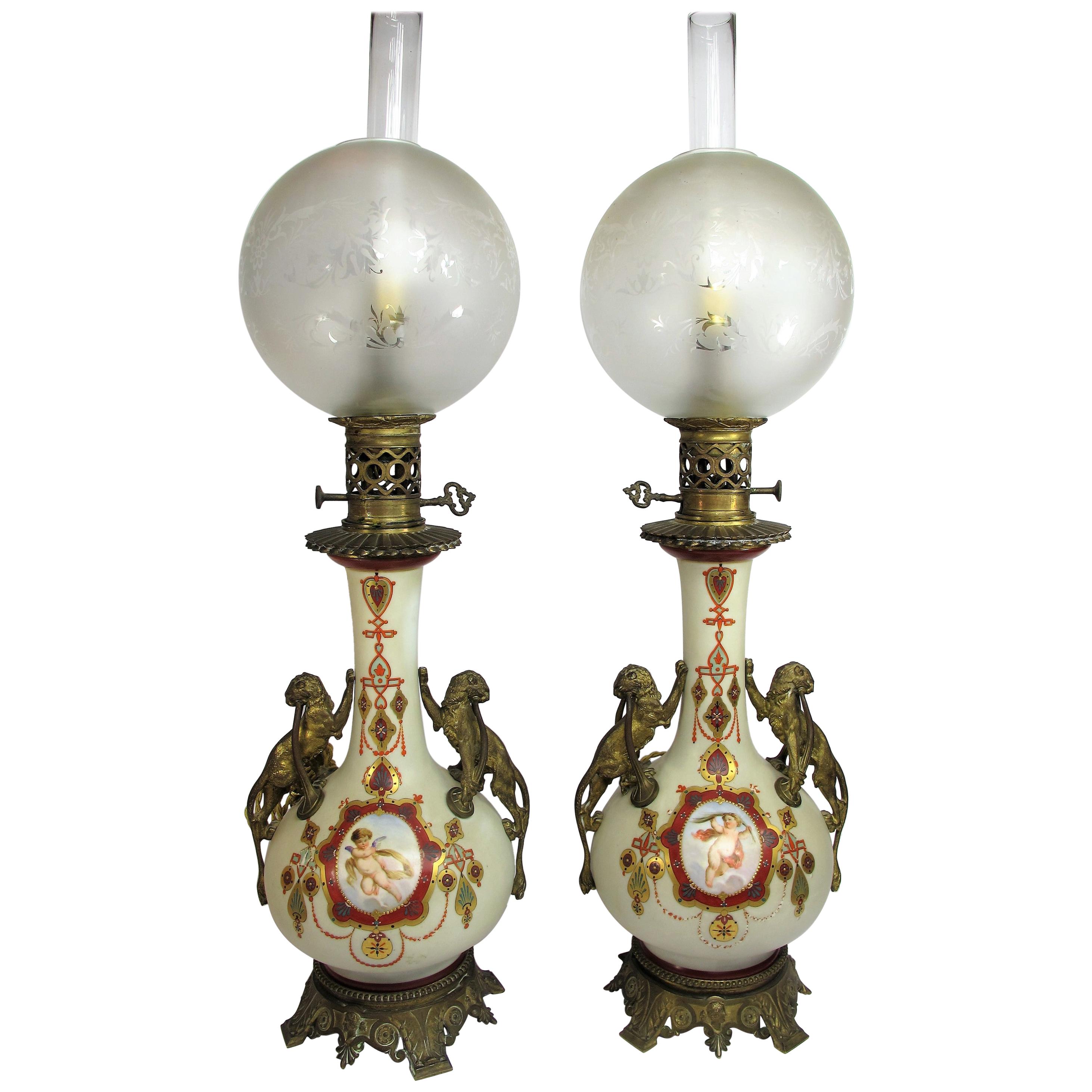 Pair of Neoclassical Lamps in Porcelain and Bronze, 19th Century For Sale