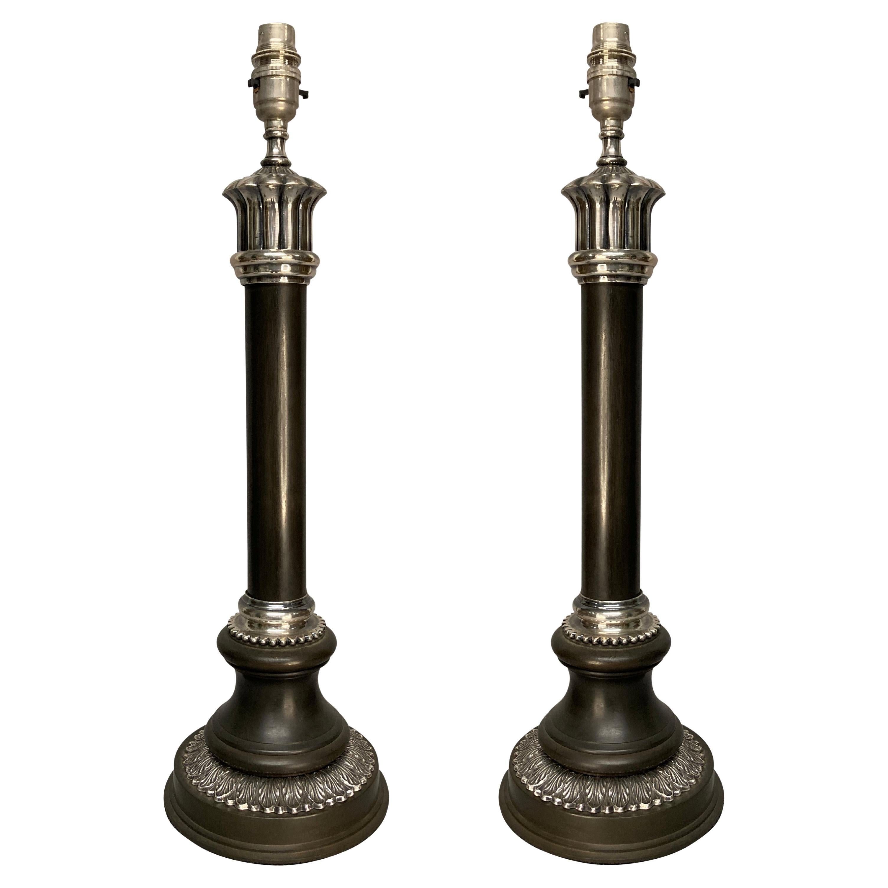 Pair Of Neoclassical Lamps In Silver & Bronze