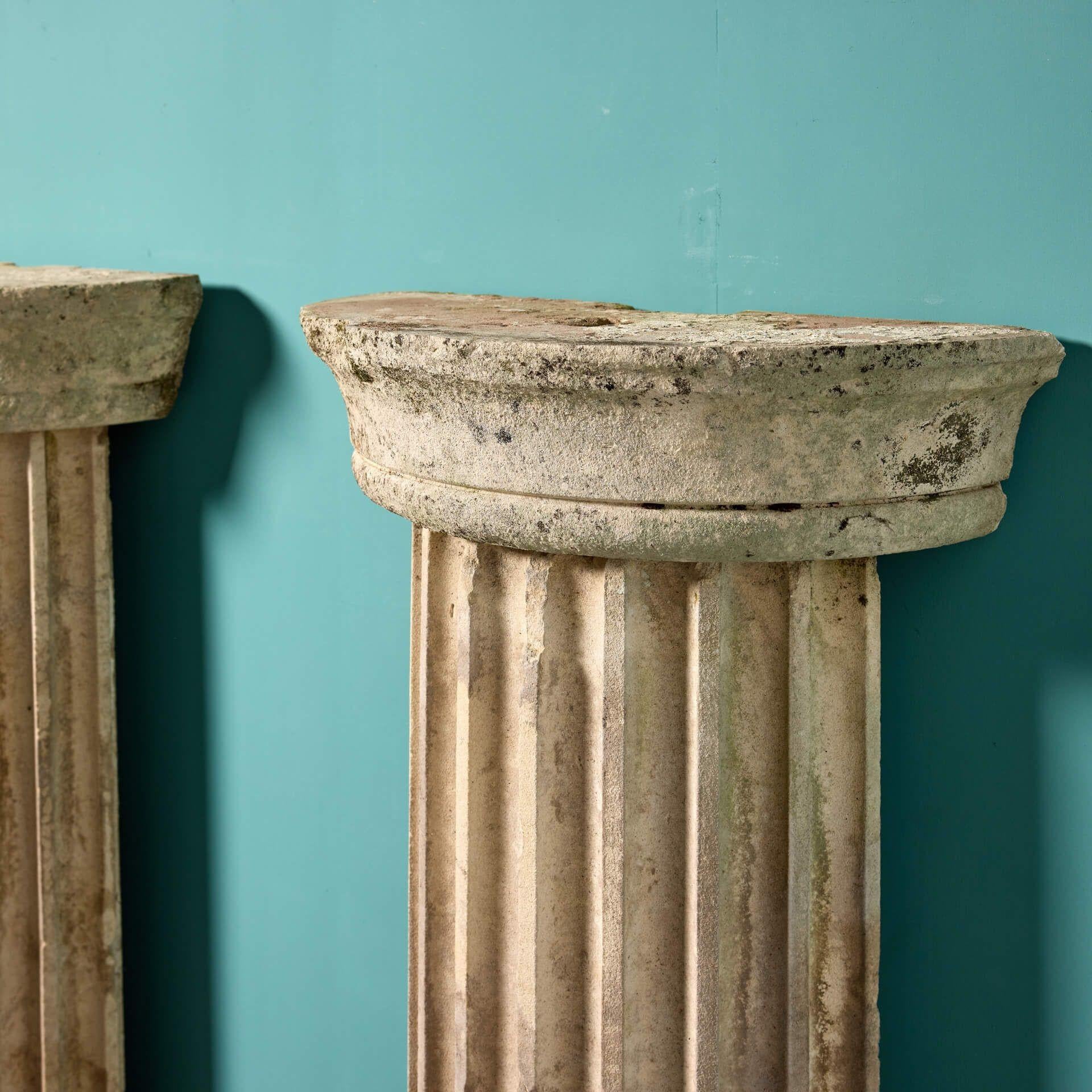 Stone Pair of Neoclassical Limestone Column Pedestals For Sale