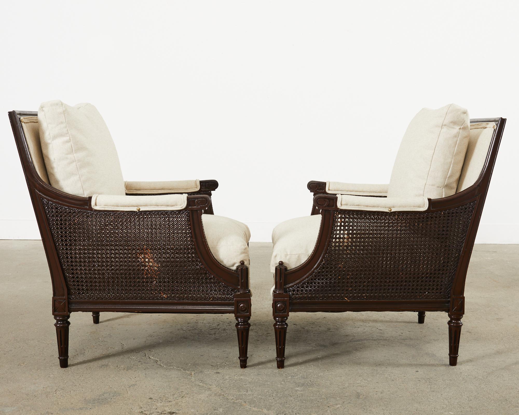 Pair of Neoclassical Louis XVI Style Caned Bergere Lounge Chairs 4