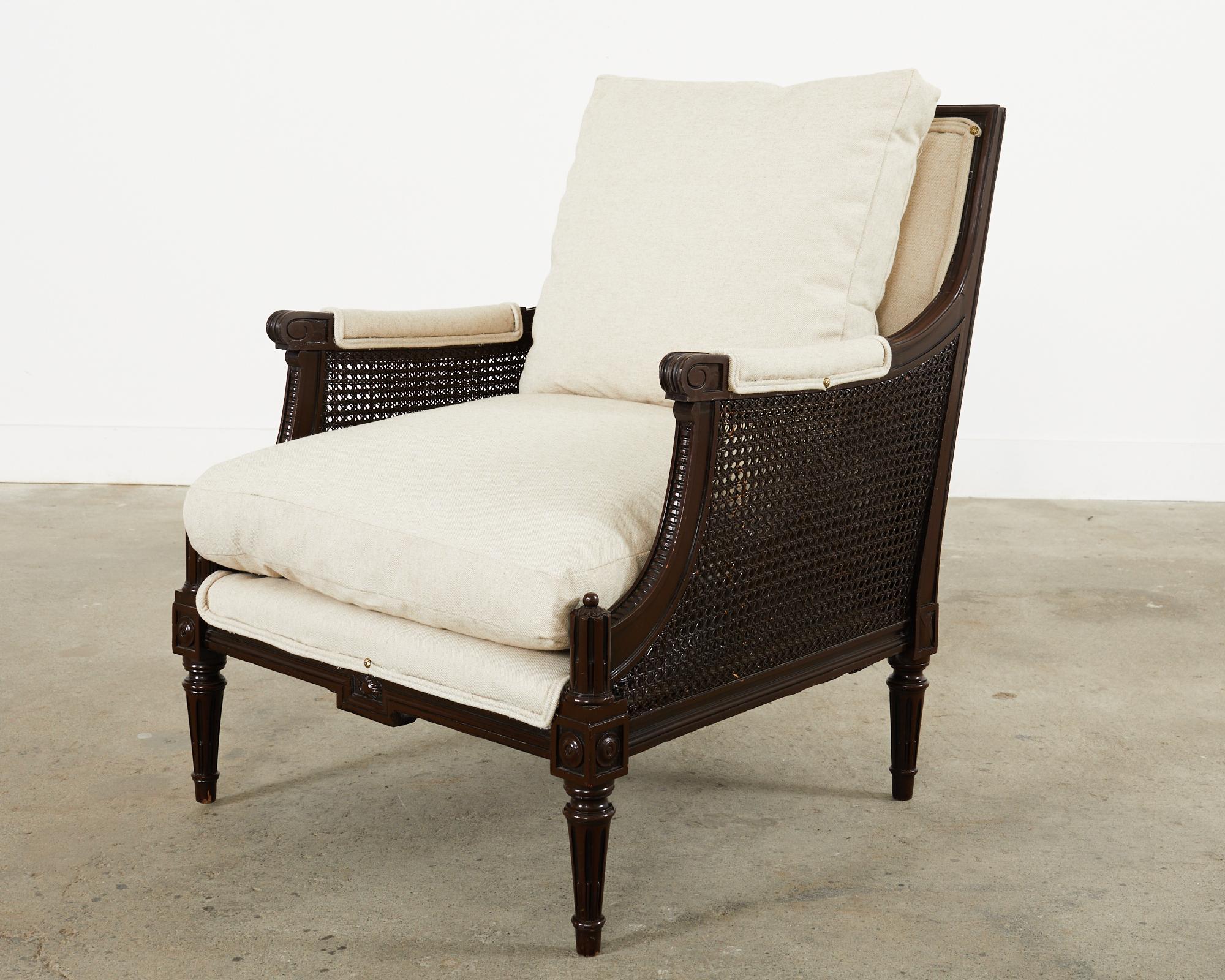 Pair of Neoclassical Louis XVI Style Caned Bergere Lounge Chairs 8