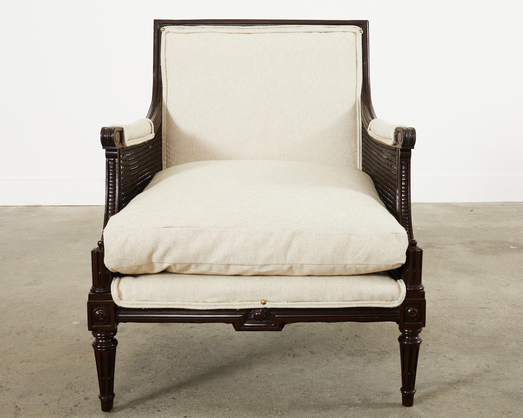 Pair of Neoclassical Louis XVI Style Caned Bergere Lounge Chairs 11