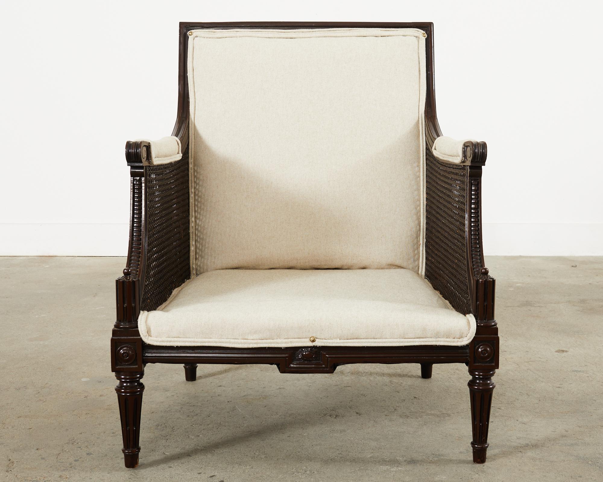 Pair of Neoclassical Louis XVI Style Caned Bergere Lounge Chairs 13