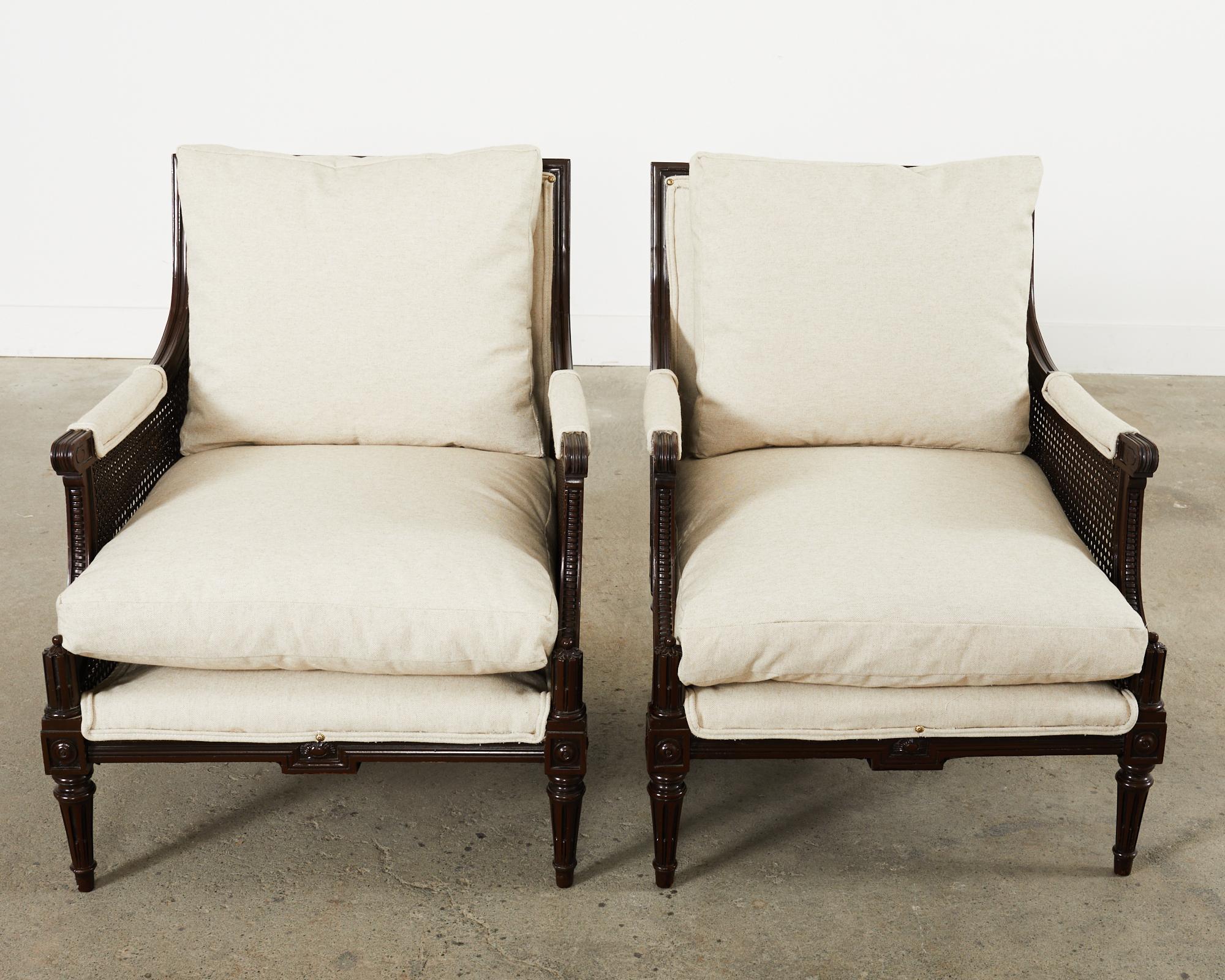 French Pair of Neoclassical Louis XVI Style Caned Bergere Lounge Chairs