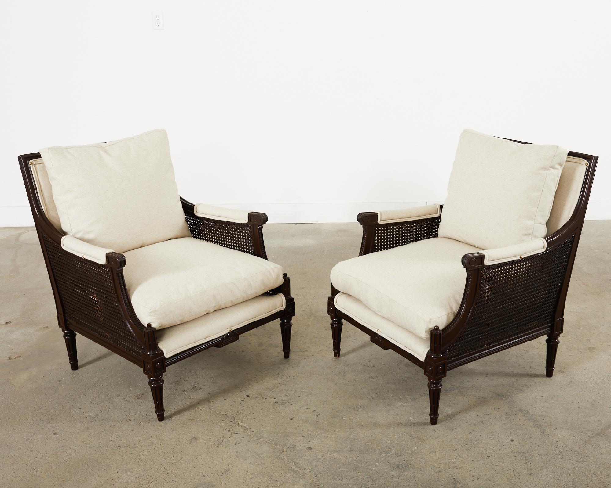 Pair of Neoclassical Louis XVI Style Caned Bergere Lounge Chairs In Good Condition In Rio Vista, CA
