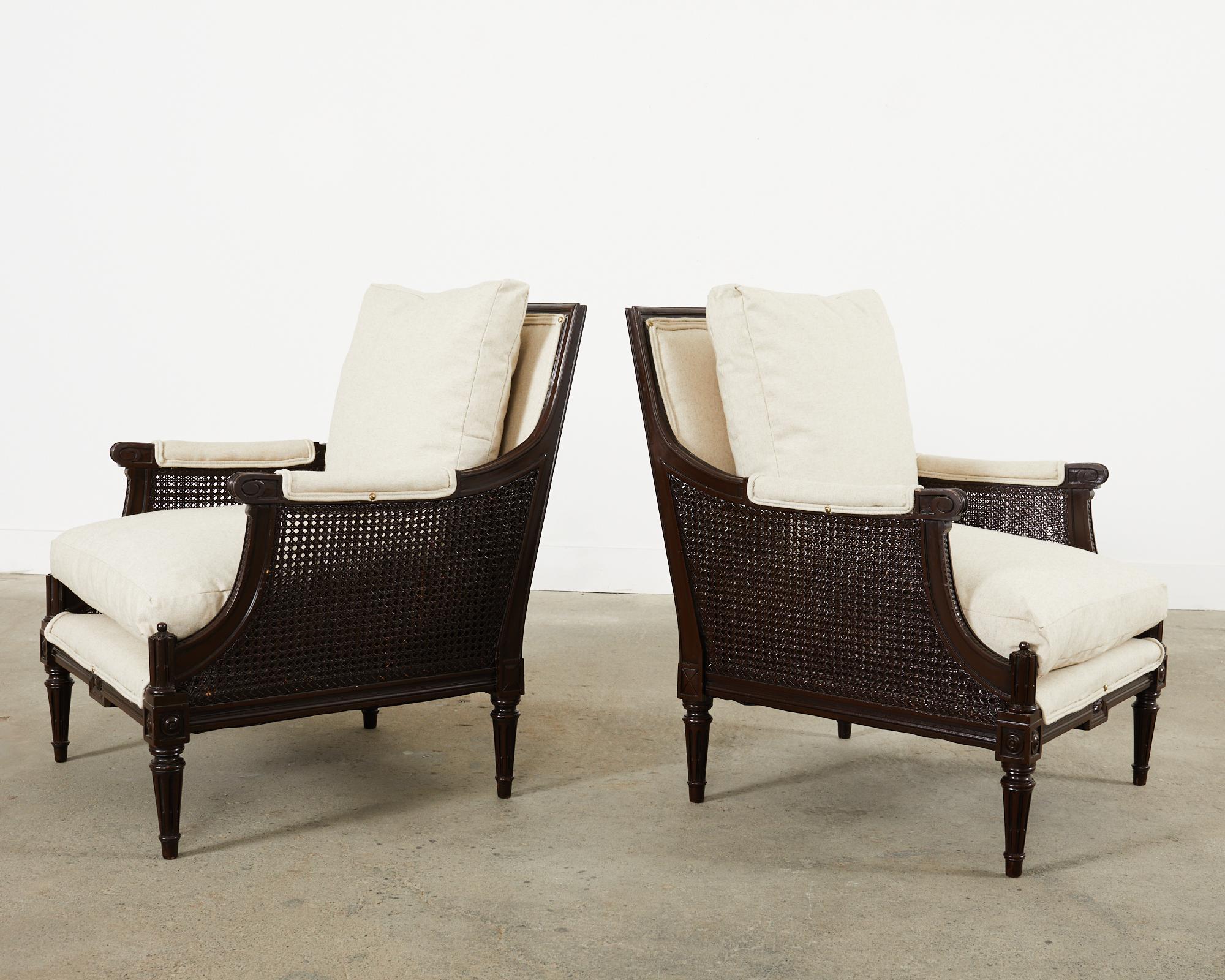 20th Century Pair of Neoclassical Louis XVI Style Caned Bergere Lounge Chairs
