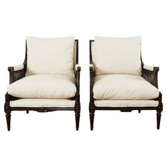 Pair of Neoclassical Louis XVI Style Caned Bergere Lounge Chairs