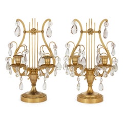 Pair of Neoclassical Louis XVI Style Crystal and Gilt Bronze Lyre Candelabra