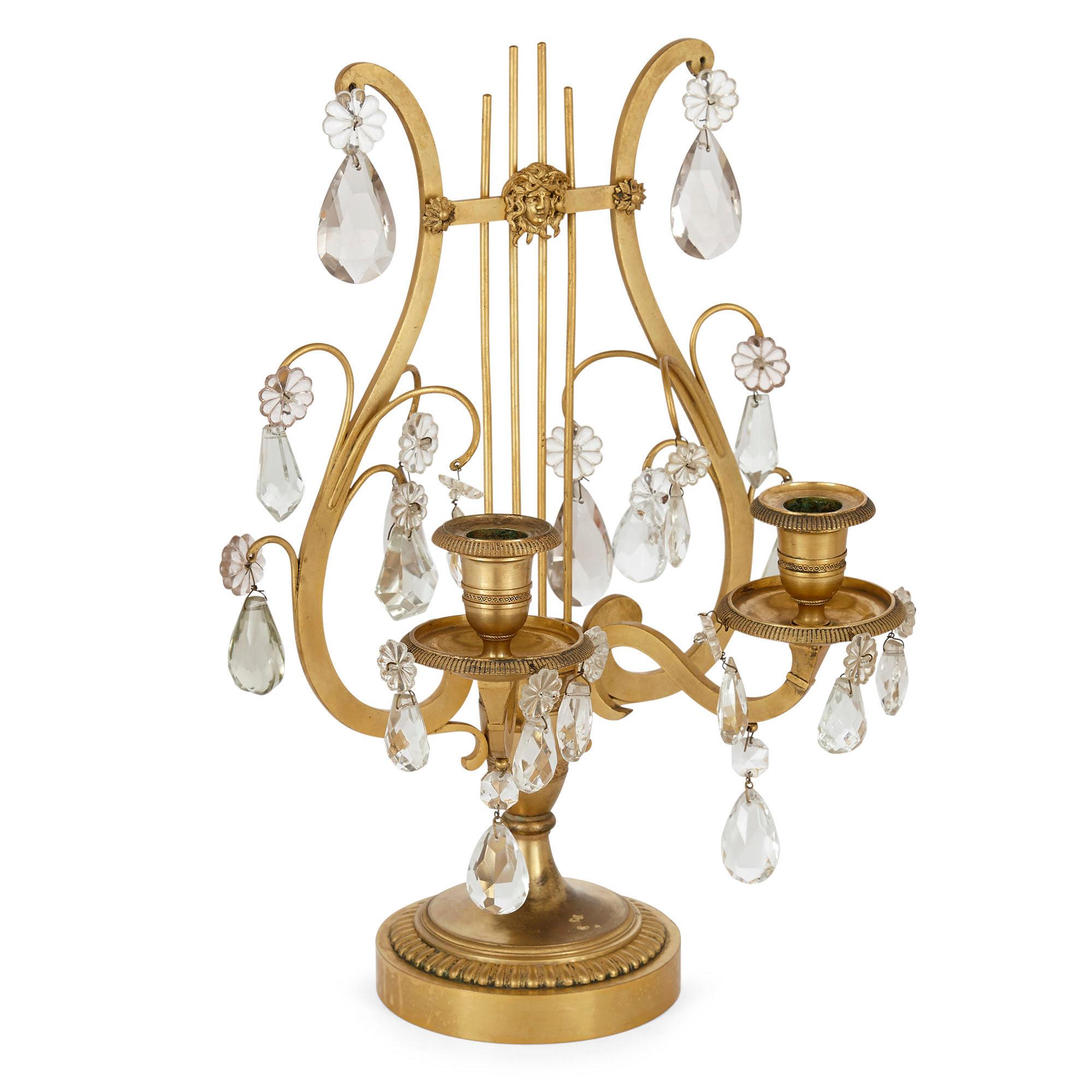 Glass Pair of Neoclassical Louis XVI Style Crystal and Gilt Bronze Lyre Candelabra For Sale