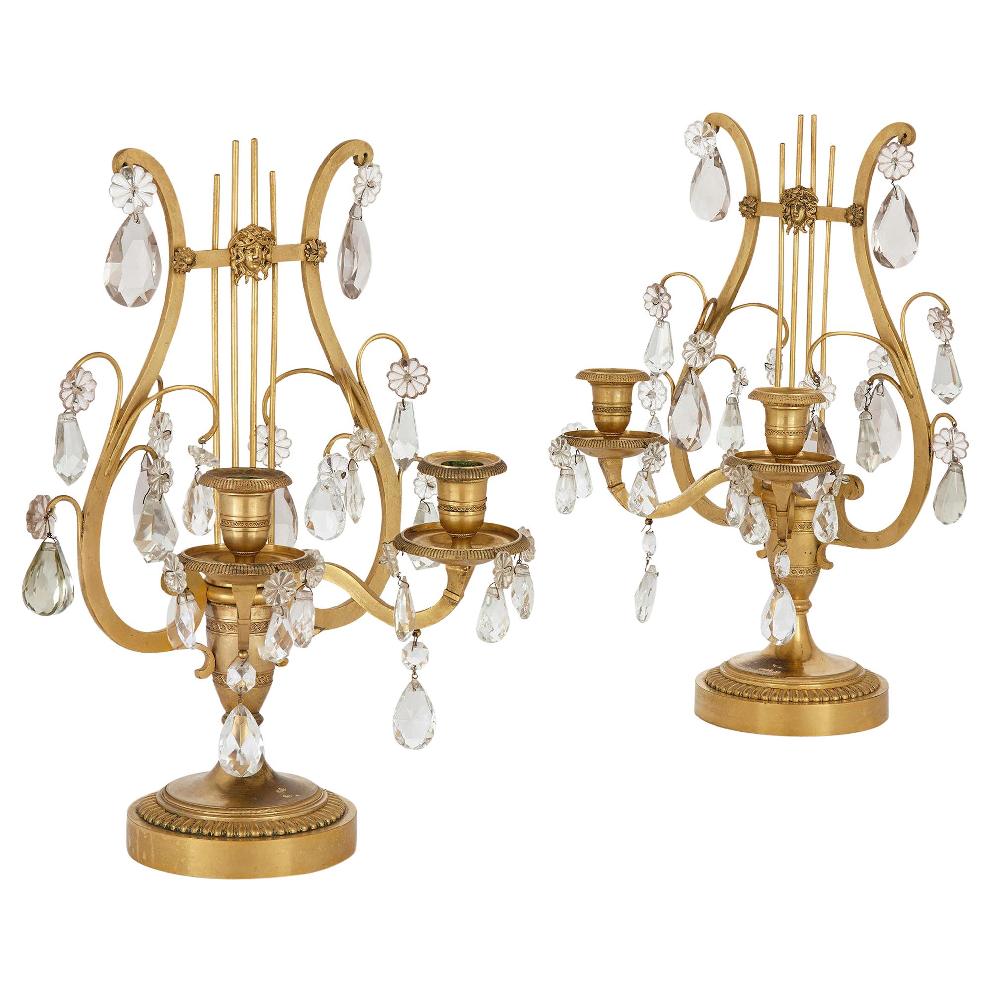 Pair of Neoclassical Louis XVI Style Crystal and Gilt Bronze Lyre Candelabra For Sale