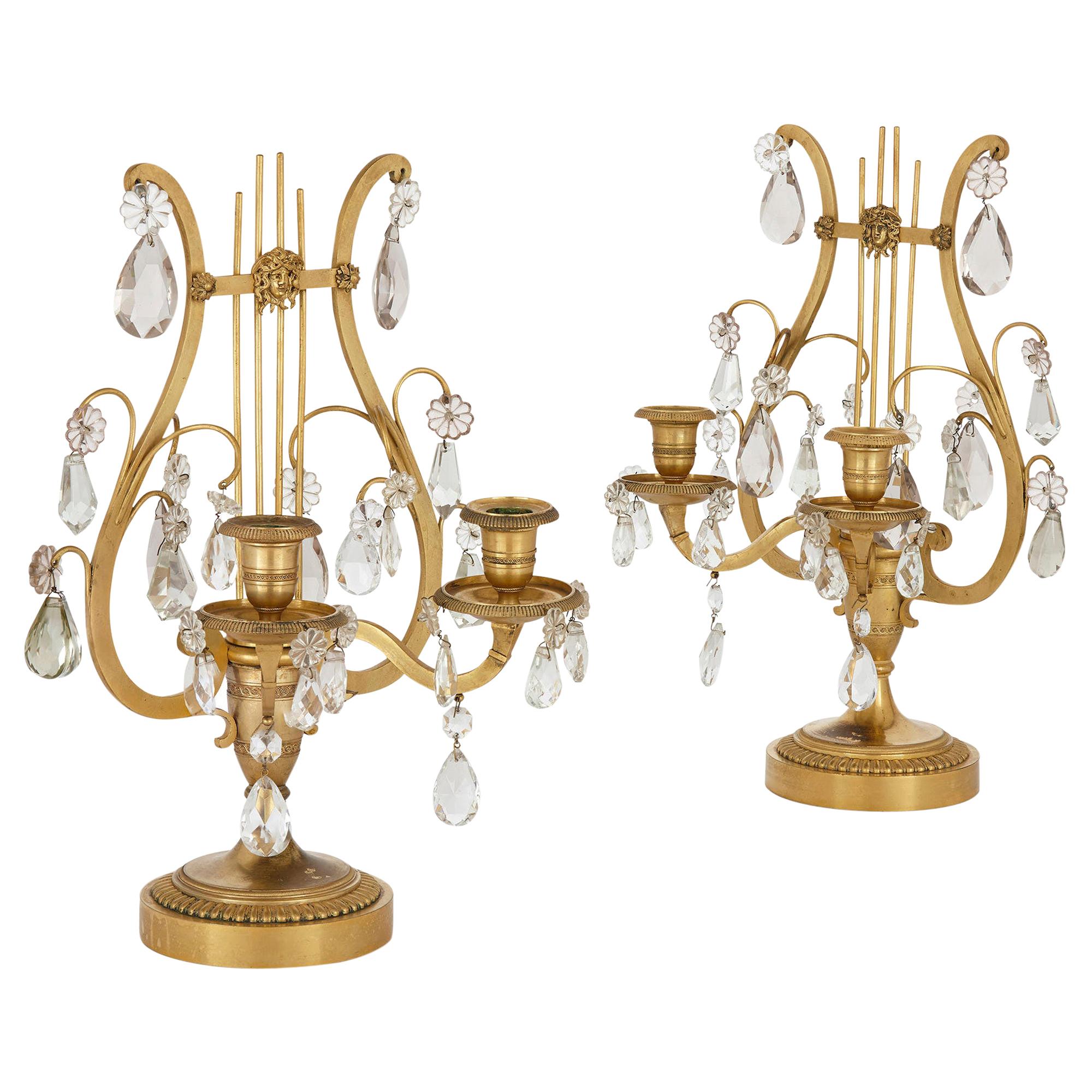 Pair of Neoclassical Louis XVI Style Crystal and Gilt Bronze Lyre Candelabra