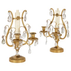 Pair of Neoclassical Louis XVI Style Crystal and Gilt Bronze Lyre Candelabra