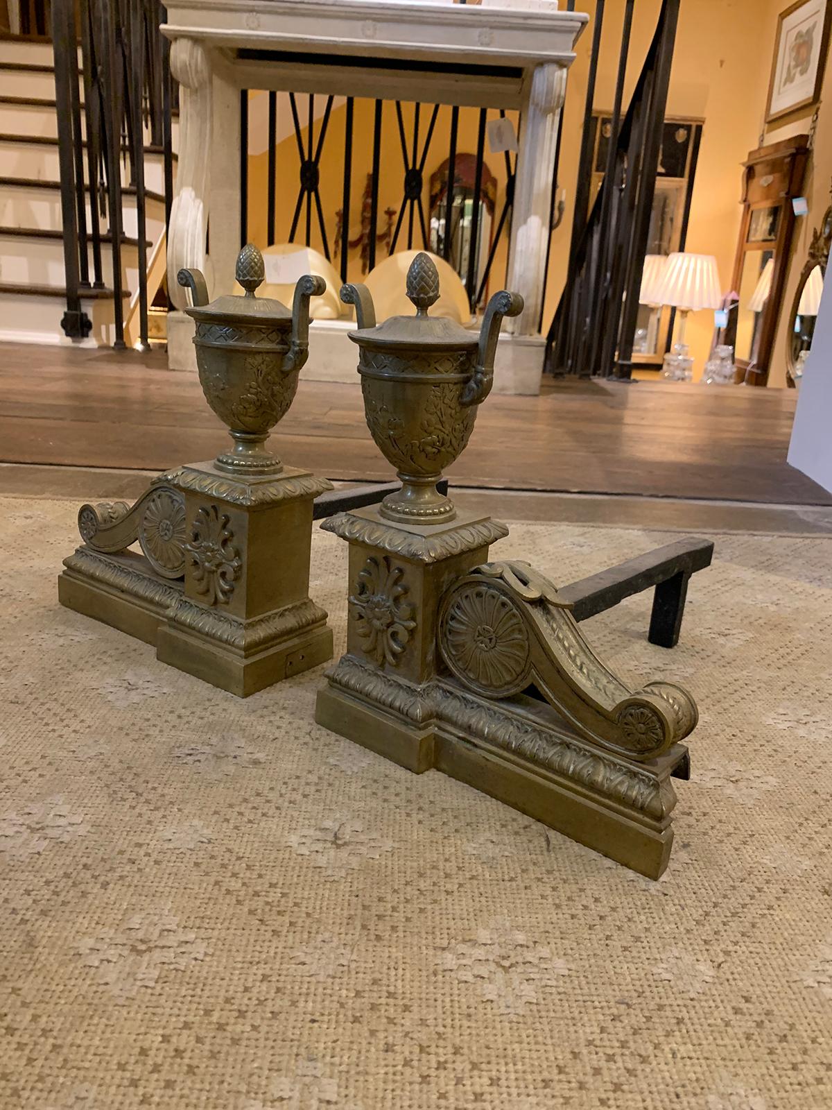 Pair of Neoclassical Louis XVI Style Gilt Bronze Fireplace Chenets, circa 1900 In Good Condition For Sale In Atlanta, GA
