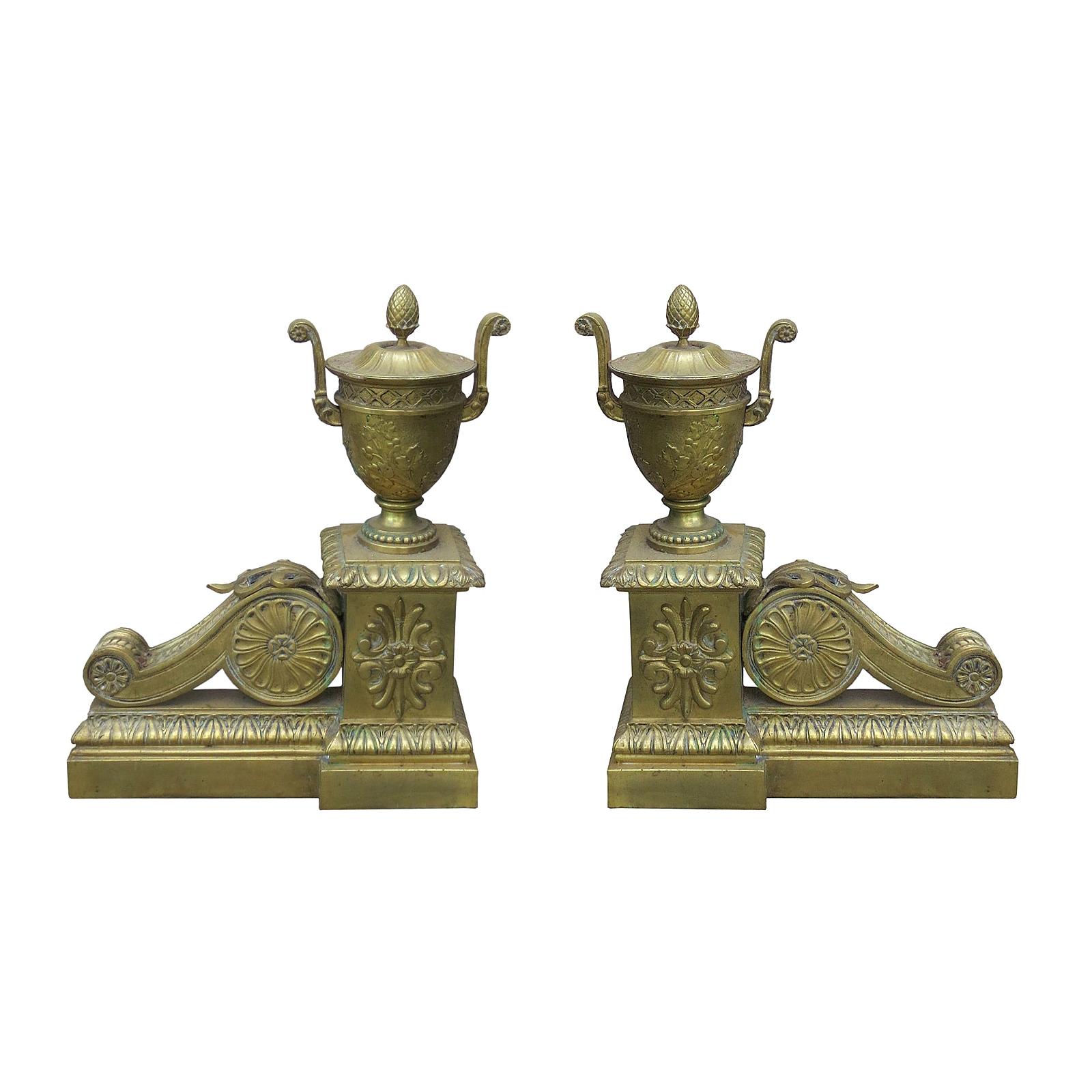 Pair of Neoclassical Louis XVI Style Gilt Bronze Fireplace Chenets, circa 1900 For Sale