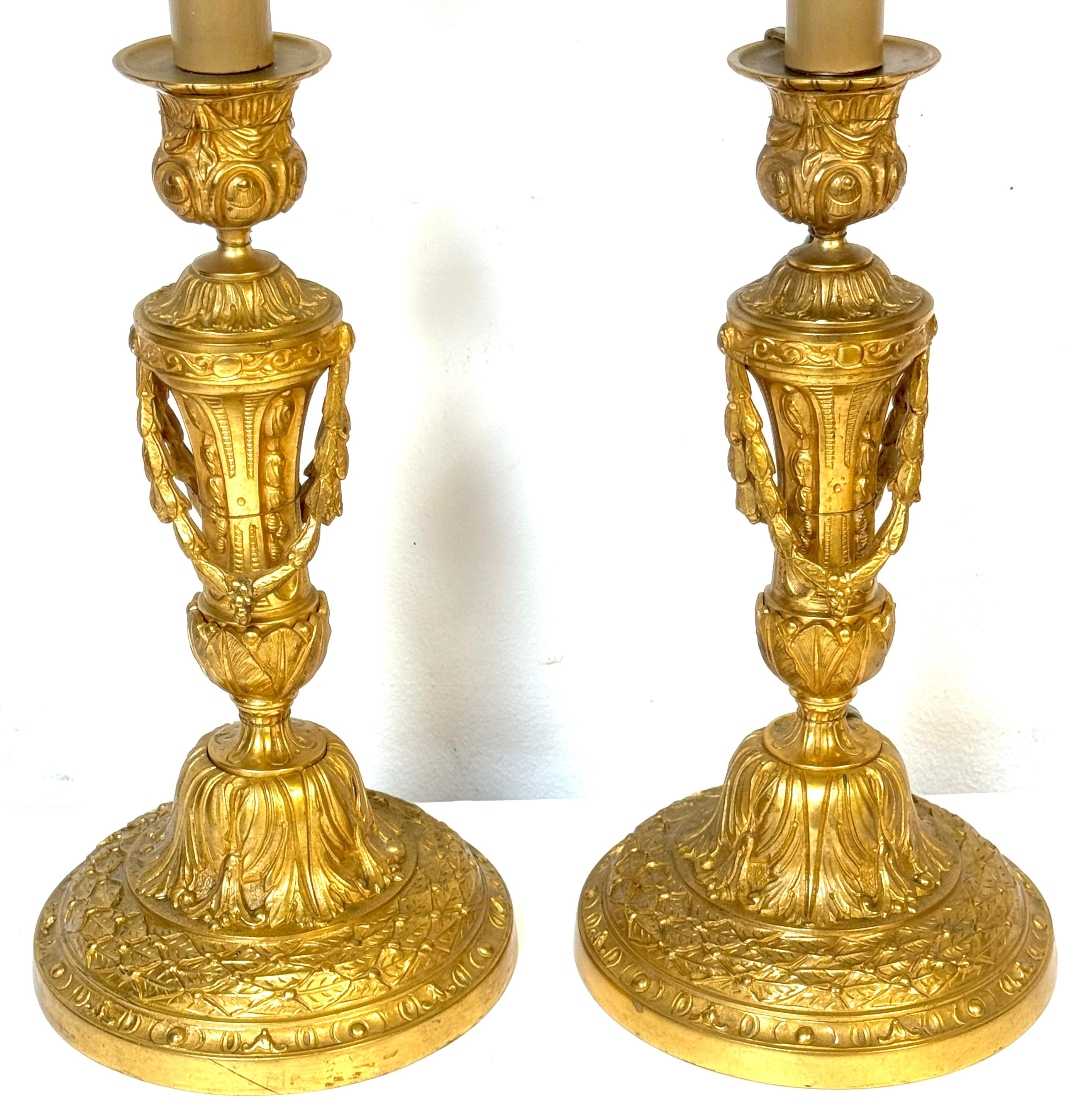 French Pair of Neoclassical Louis XVI-Style Ormolu Candlesticks, Now as Lamps For Sale