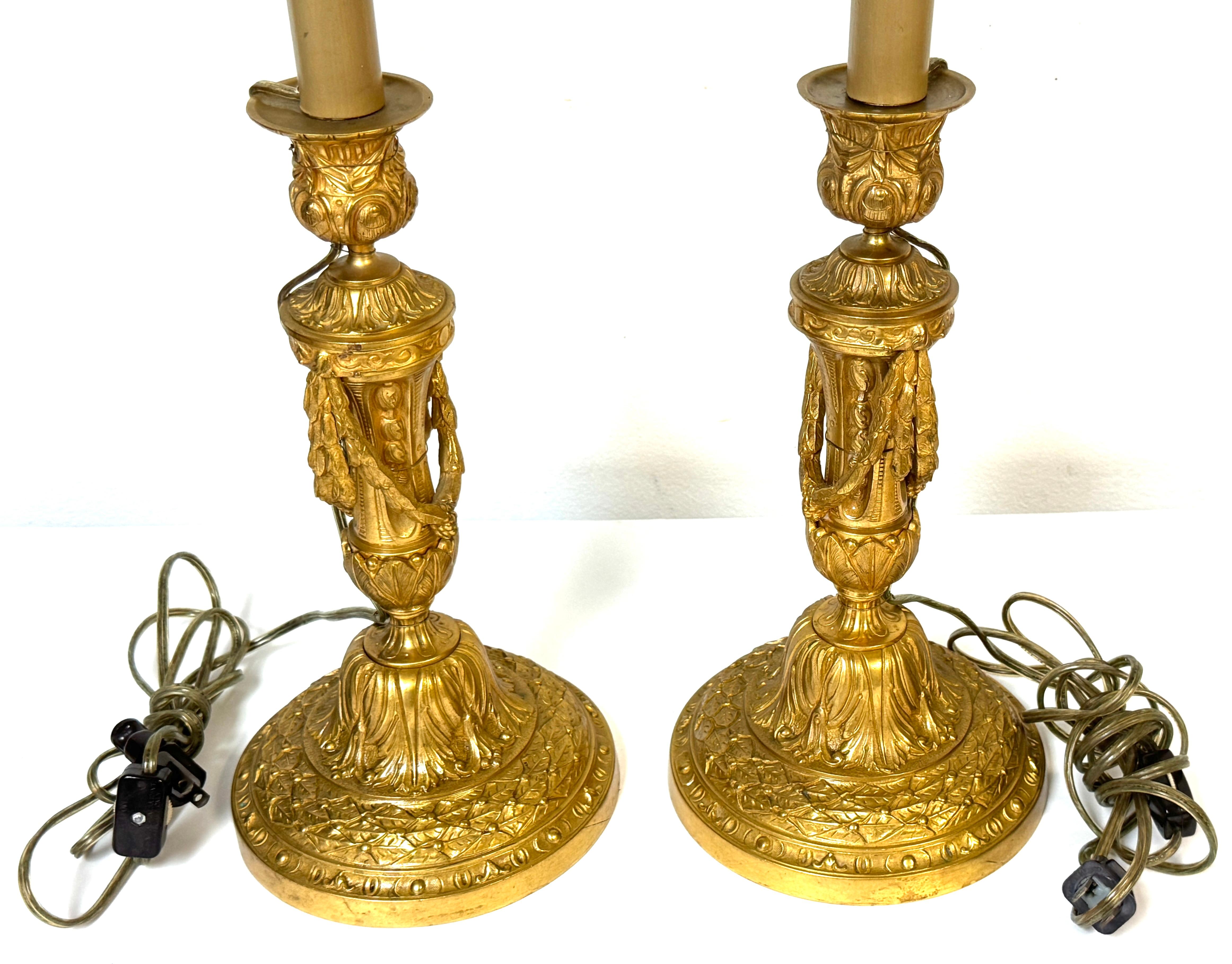 Pair of Neoclassical Louis XVI-Style Ormolu Candlesticks, Now as Lamps For Sale 2