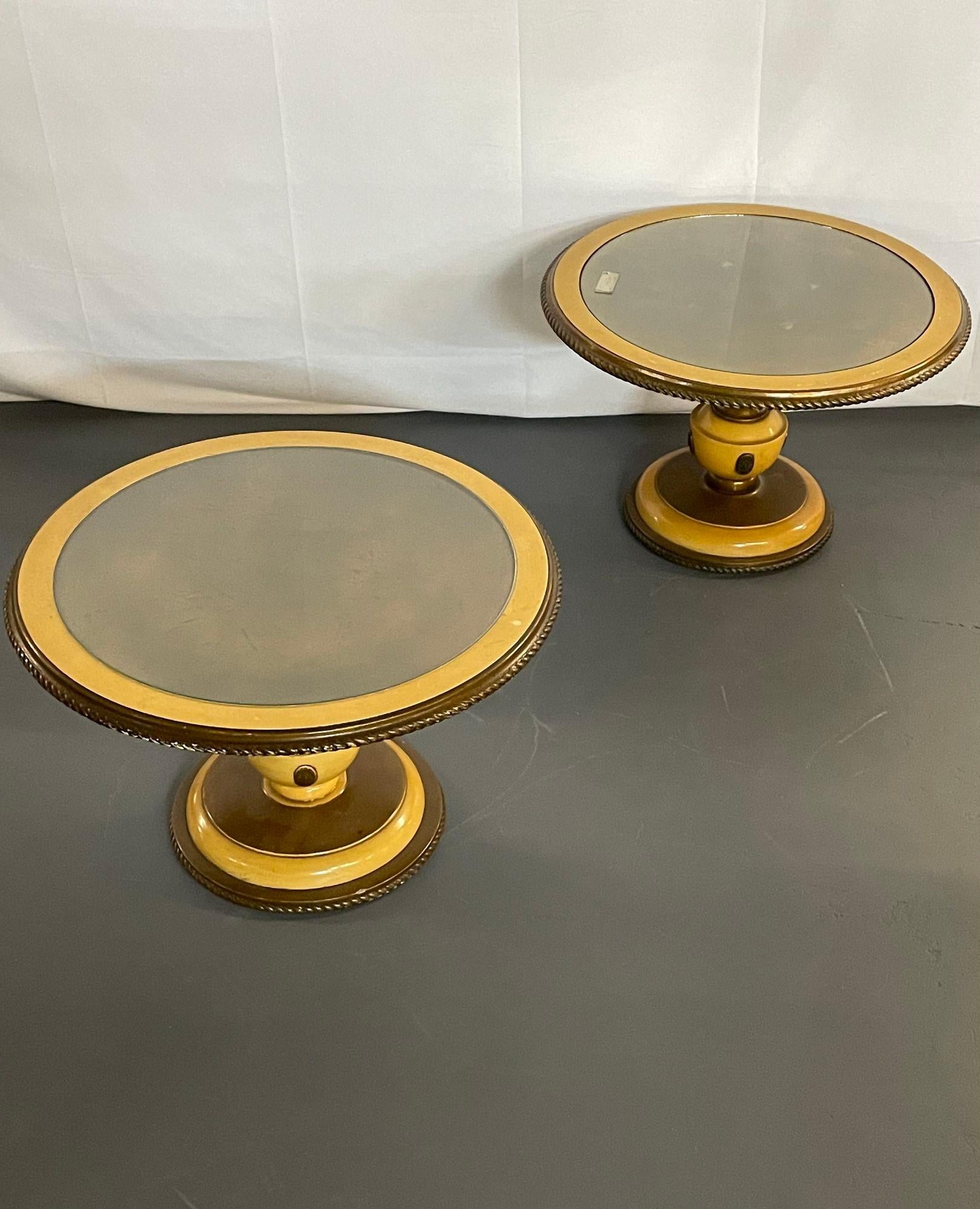 Pair of Neoclassical Low End / Side Tables, Jansen Style, Gilt, Glass Top
 
A pair of Italian gilt gold and paint decorated neoclassical, end tables in the manner of Mason Jansen. Each having a Gilt gold top under glass. The pair of a pedestal