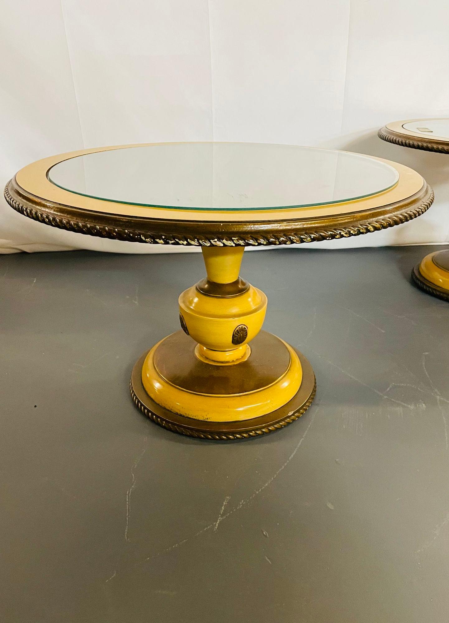 Italian Pair of Neoclassical Low End / Side Tables, Jansen Style, Gilt, Glass Top