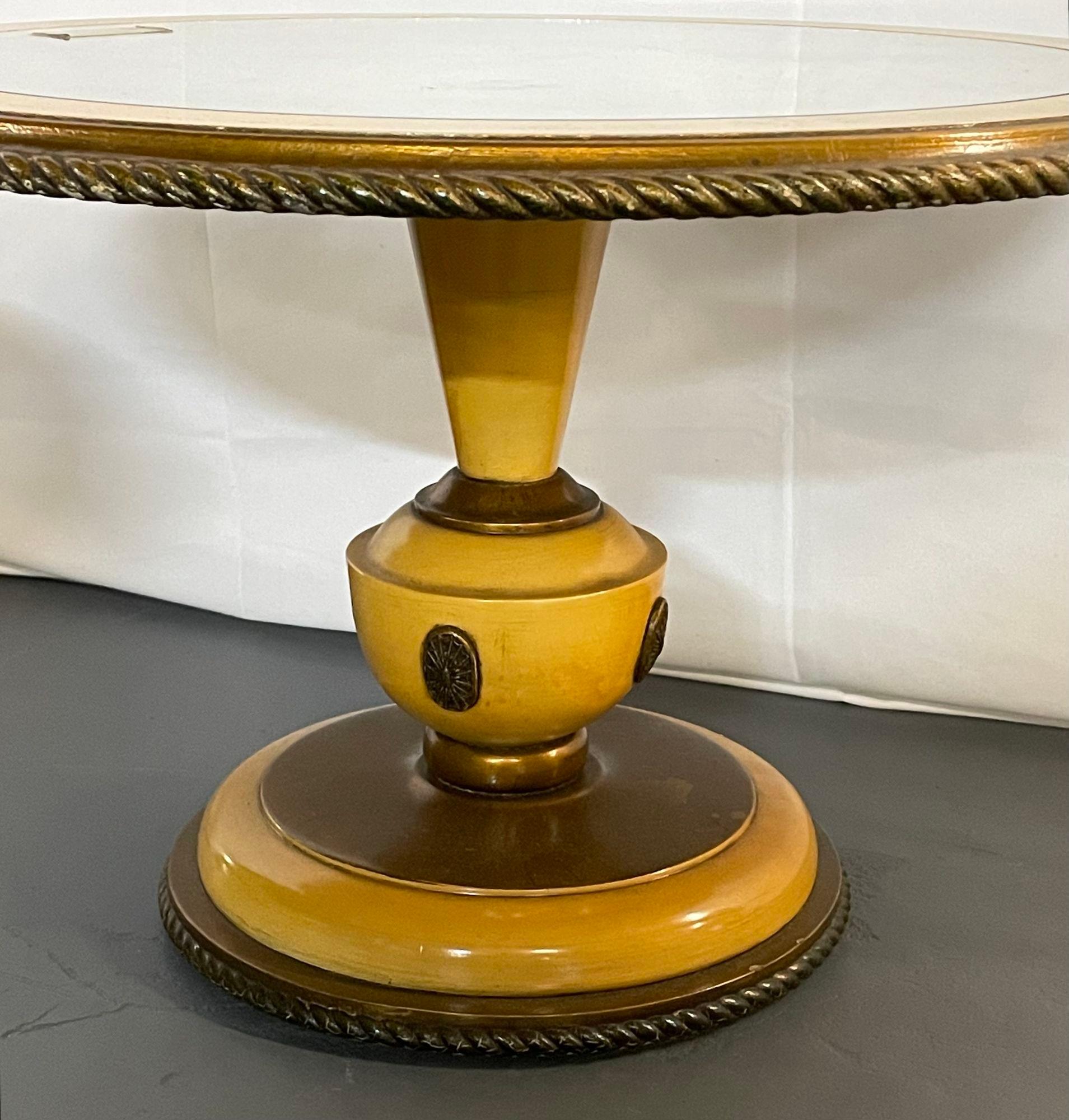 Pair of Neoclassical Low End / Side Tables, Jansen Style, Gilt, Glass Top In Good Condition In Stamford, CT